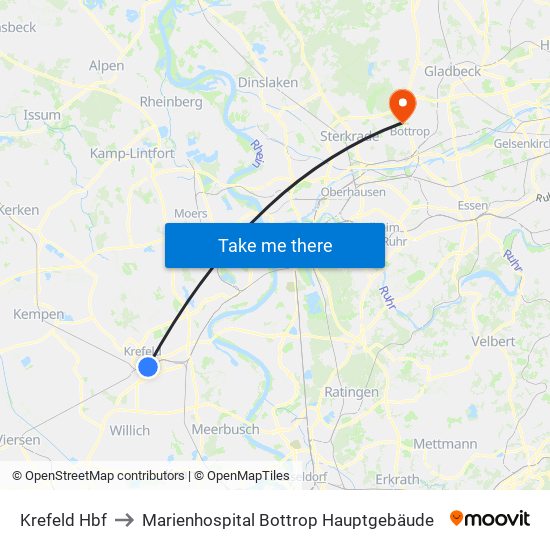 Krefeld Hbf to Marienhospital Bottrop Hauptgebäude map