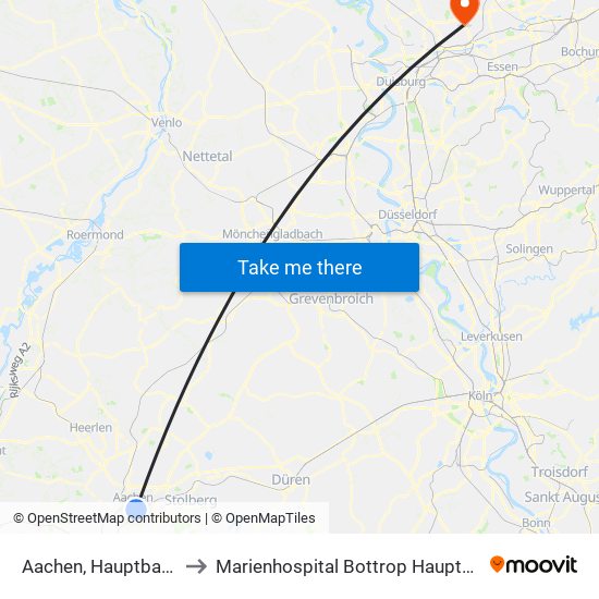 Aachen, Hauptbahnhof to Marienhospital Bottrop Hauptgebäude map