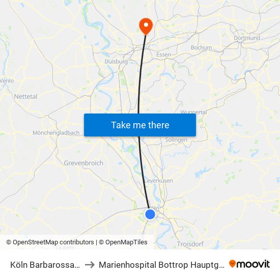 Köln Barbarossaplatz to Marienhospital Bottrop Hauptgebäude map