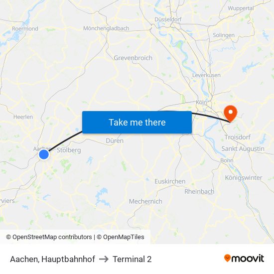 Aachen, Hauptbahnhof to Terminal 2 map