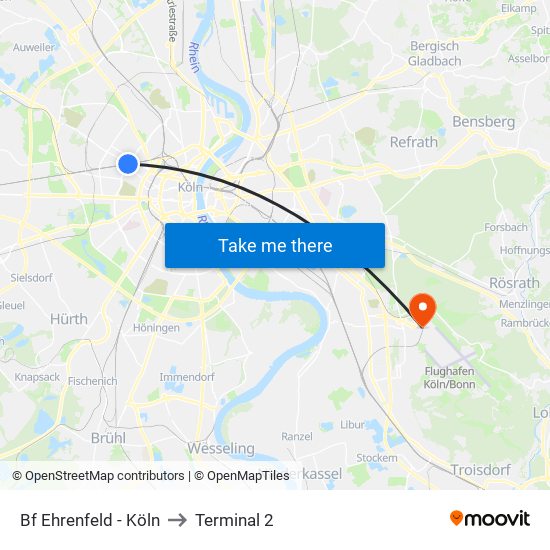 Bf Ehrenfeld - Köln to Terminal 2 map