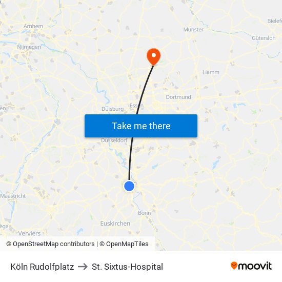 Köln Rudolfplatz to St. Sixtus-Hospital map