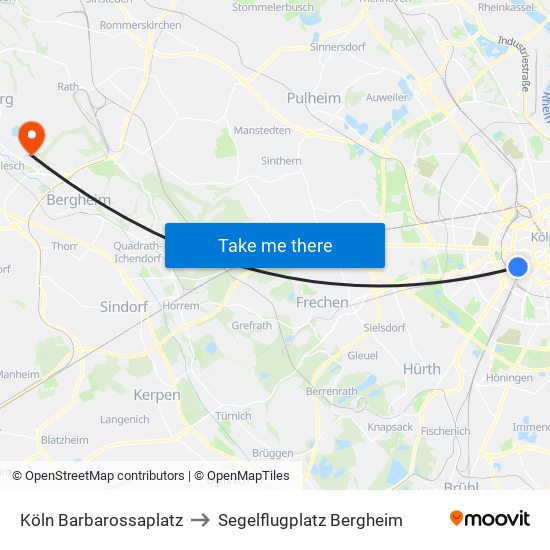 Köln Barbarossaplatz to Segelflugplatz Bergheim map