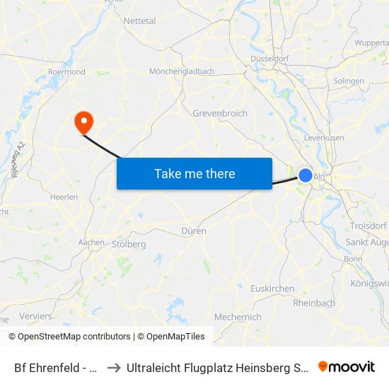 Bf Ehrenfeld - Köln to Ultraleicht Flugplatz Heinsberg Selfkant map