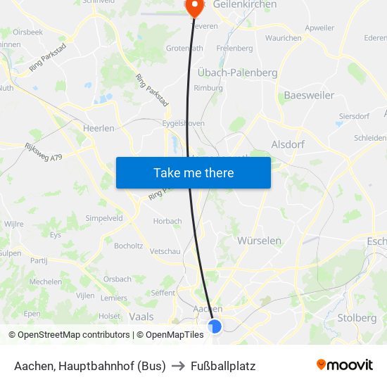 Aachen, Hauptbahnhof (Bus) to Fußballplatz map