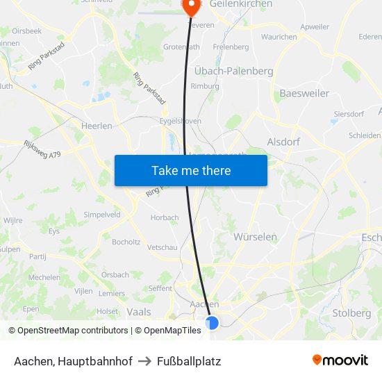 Aachen, Hauptbahnhof to Fußballplatz map
