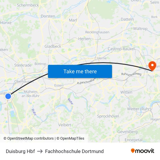 Duisburg Hbf to Fachhochschule Dortmund map