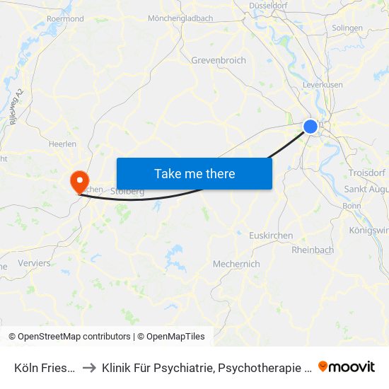 Köln Friesenplatz to Klinik Für Psychiatrie, Psychotherapie Und Psychosomatik map