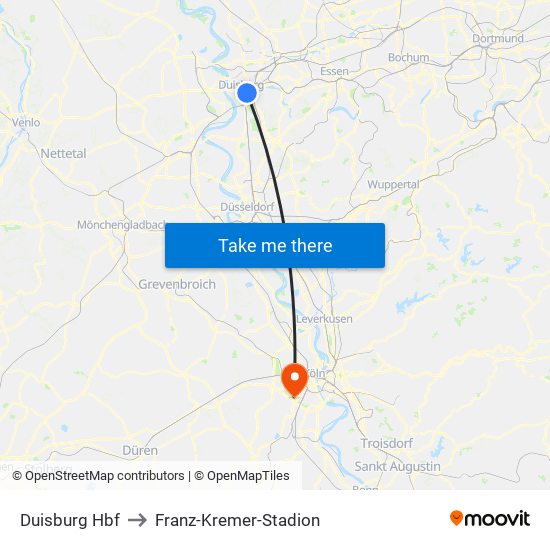 Duisburg Hbf to Franz-Kremer-Stadion map