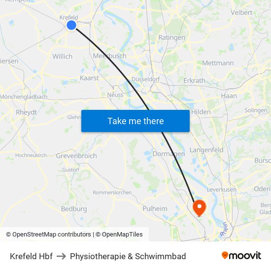 Krefeld Hbf to Physiotherapie & Schwimmbad map