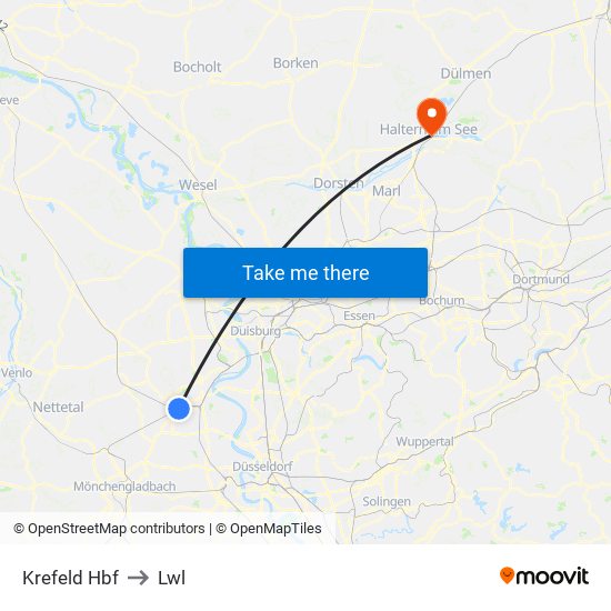 Krefeld Hbf to Lwl map