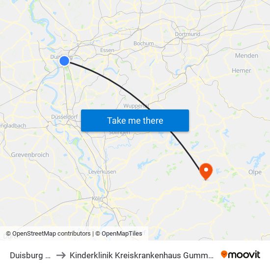 Duisburg Hbf to Kinderklinik Kreiskrankenhaus Gummersbach map