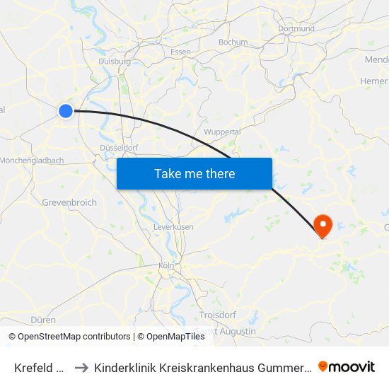 Krefeld Hbf to Kinderklinik Kreiskrankenhaus Gummersbach map