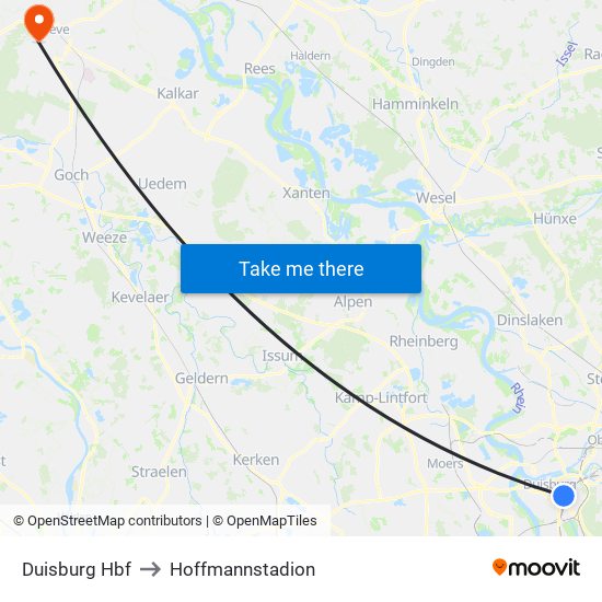 Duisburg Hbf to Hoffmannstadion map