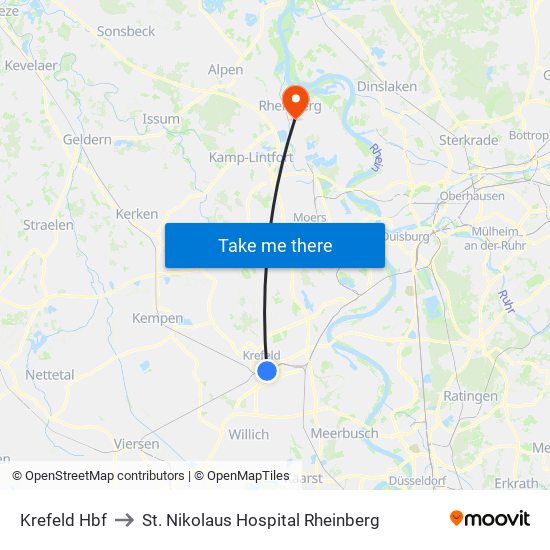 Krefeld Hbf to St. Nikolaus Hospital Rheinberg map