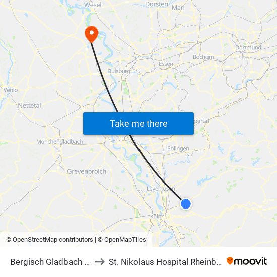 Bergisch Gladbach (S) to St. Nikolaus Hospital Rheinberg map