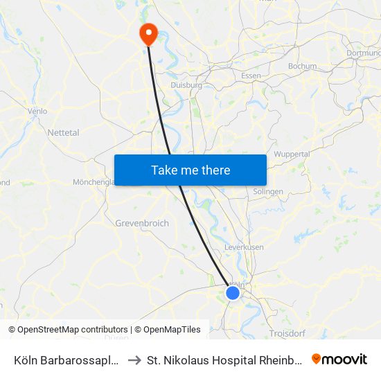 Köln Barbarossaplatz to St. Nikolaus Hospital Rheinberg map