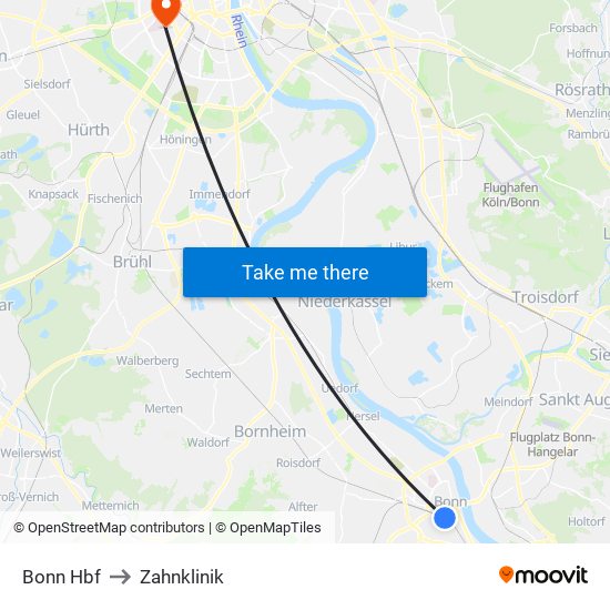 Bonn Hbf to Zahnklinik map