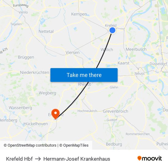 Krefeld Hbf to Hermann-Josef Krankenhaus map