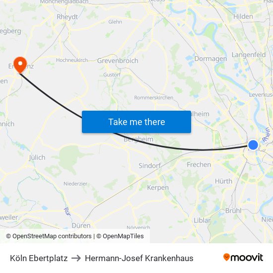 Köln Ebertplatz to Hermann-Josef Krankenhaus map