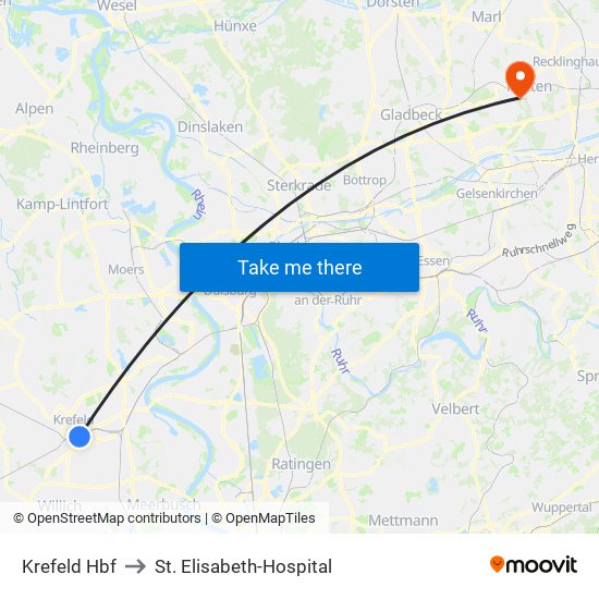 Krefeld Hbf to St. Elisabeth-Hospital map