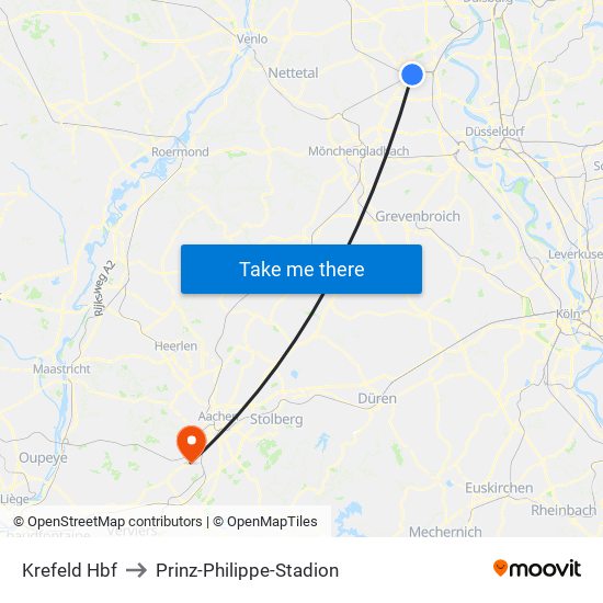 Krefeld Hbf to Prinz-Philippe-Stadion map