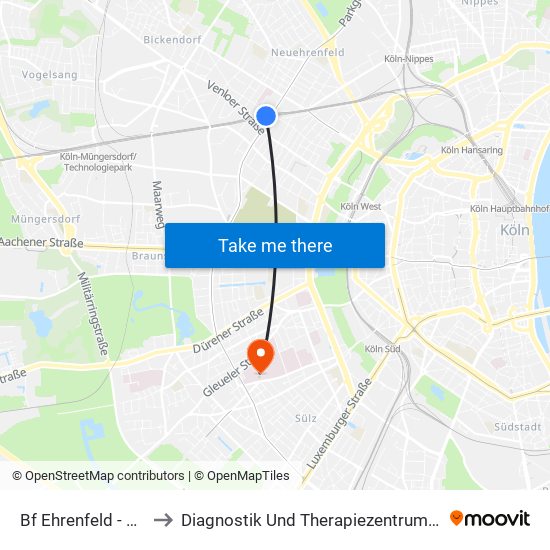 Bf Ehrenfeld - Köln to Diagnostik Und Therapiezentrum West map