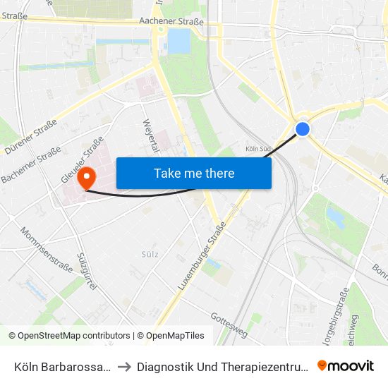 Köln Barbarossaplatz to Diagnostik Und Therapiezentrum West map