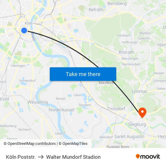 Köln Poststr. to Walter Mundorf Stadion map