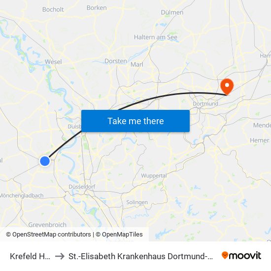 Krefeld Hbf to St.-Elisabeth Krankenhaus Dortmund-Kurl map