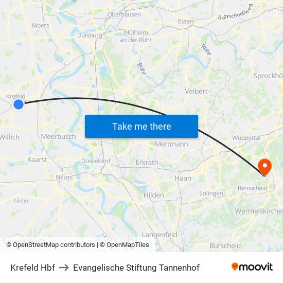 Krefeld Hbf to Evangelische Stiftung Tannenhof map