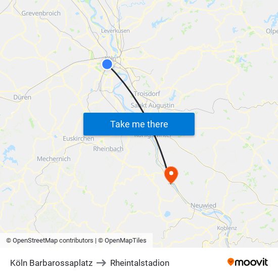 Köln Barbarossaplatz to Rheintalstadion map