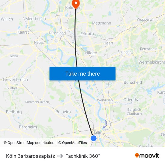 Köln Barbarossaplatz to Fachklinik 360° map