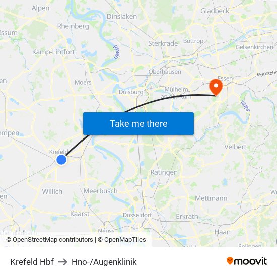 Krefeld Hbf to Hno-/Augenklinik map