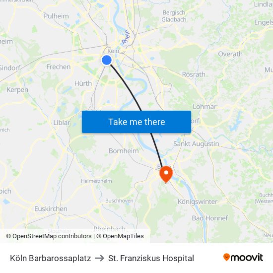 Köln Barbarossaplatz to St. Franziskus Hospital map