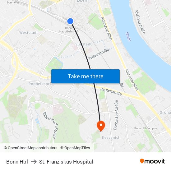 Bonn Hbf to St. Franziskus Hospital map