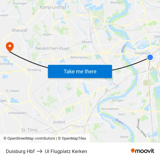 Duisburg Hbf to Ul Flugplatz Kerken map