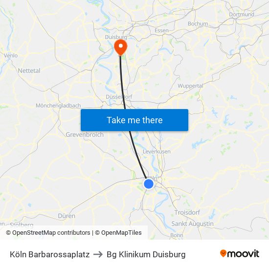 Köln Barbarossaplatz to Bg Klinikum Duisburg map