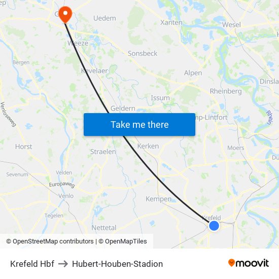 Krefeld Hbf to Hubert-Houben-Stadion map