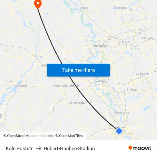 Köln Poststr. to Hubert-Houben-Stadion map