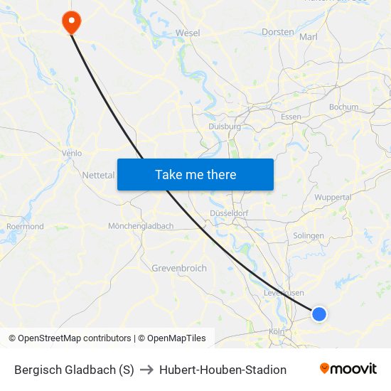 Bergisch Gladbach (S) to Hubert-Houben-Stadion map