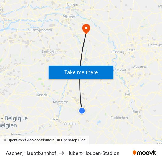 Aachen, Hauptbahnhof to Hubert-Houben-Stadion map