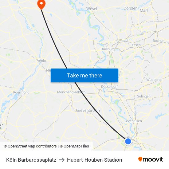 Köln Barbarossaplatz to Hubert-Houben-Stadion map