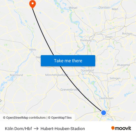 Köln Dom/Hbf to Hubert-Houben-Stadion map