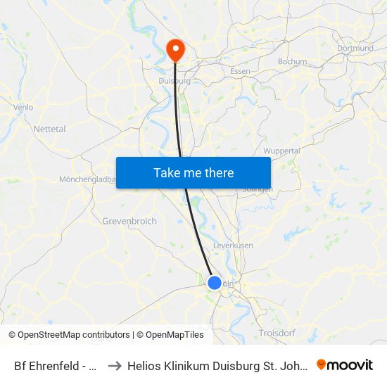 Bf Ehrenfeld - Köln to Helios Klinikum Duisburg St. Johannes map