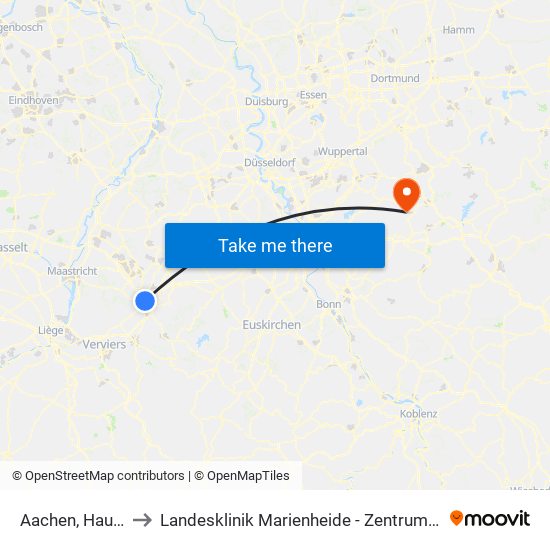 Aachen, Hauptbahnhof to Landesklinik Marienheide - Zentrum Für Seelische Gesundheit map