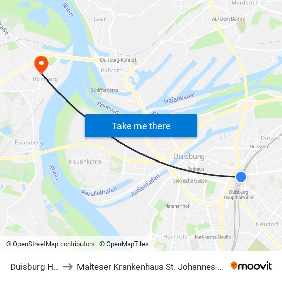 Duisburg Hbf to Malteser Krankenhaus St. Johannes-Stift map