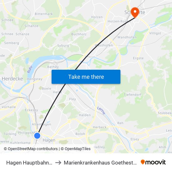 Hagen Hauptbahnhof to Marienkrankenhaus Goethestraße map