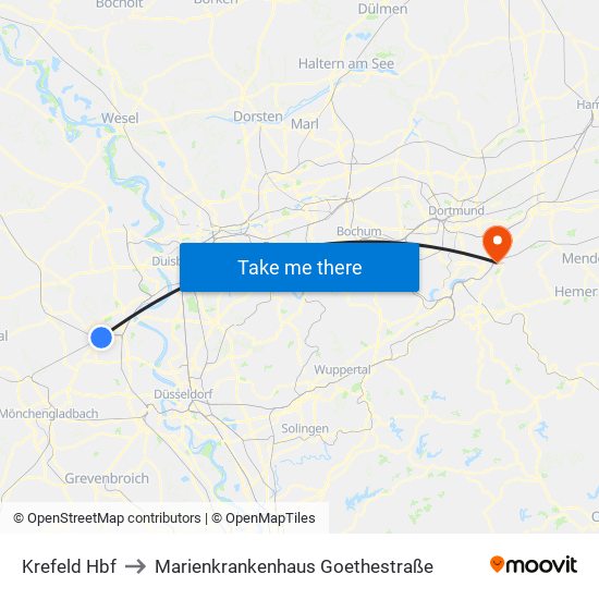 Krefeld Hbf to Marienkrankenhaus Goethestraße map