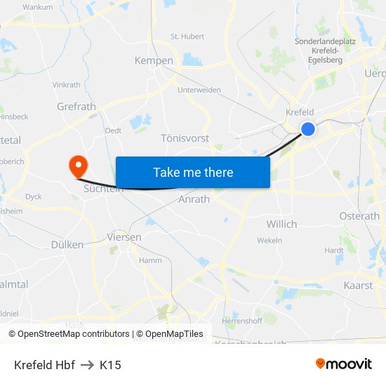 Krefeld Hbf to K15 map